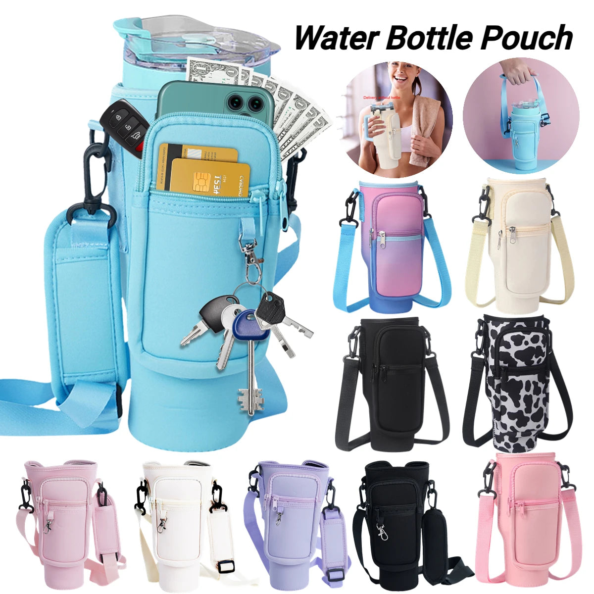 Neoprene Water Bottle Carrier Bag with Phone Pocket for Stanley 40oz Tumbler